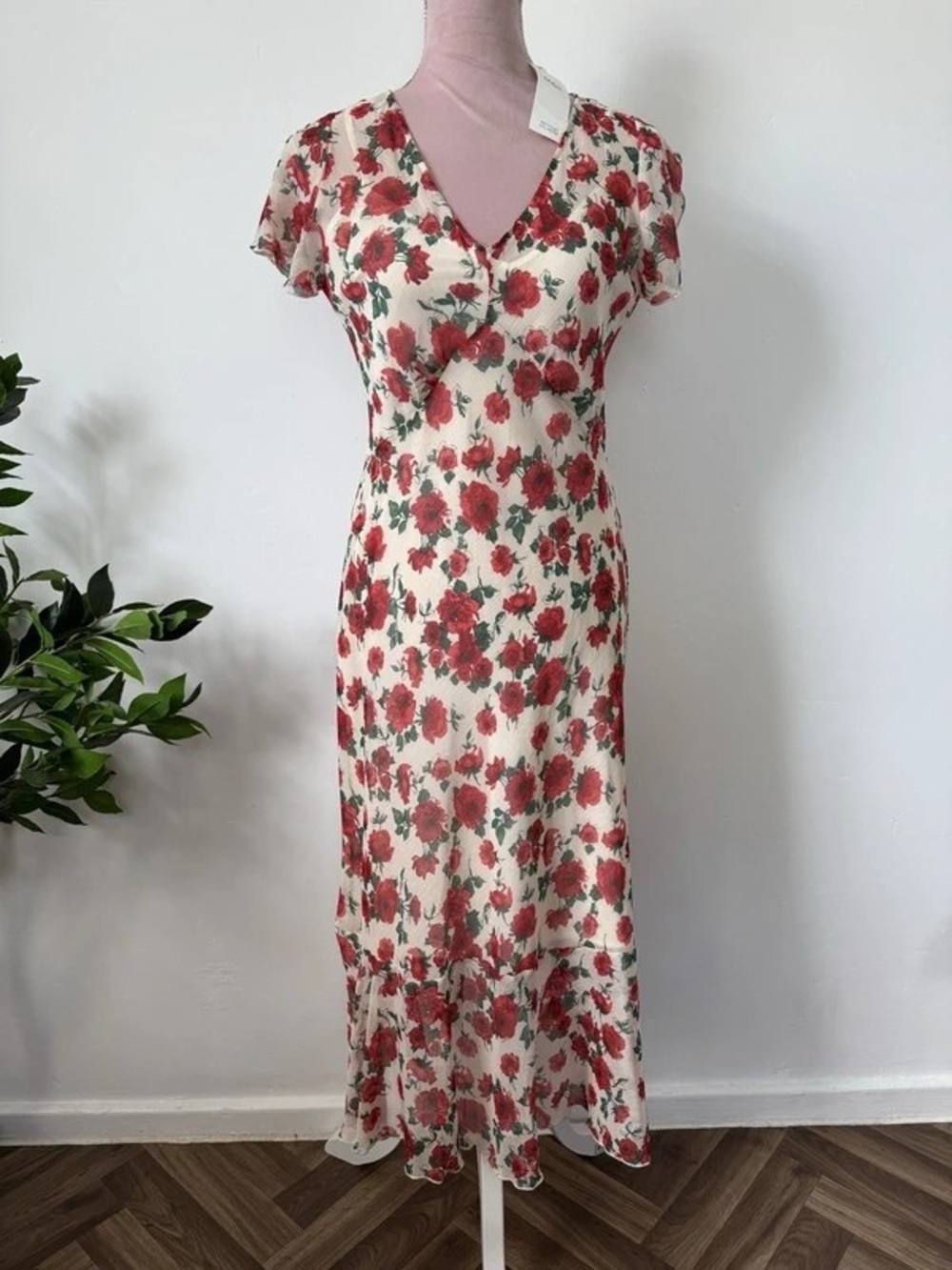 Cream Midi Dress with Red Floral Print and V-Neck